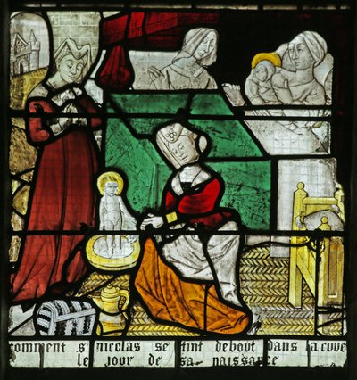 Window depicting the birth of St Nicholas by French School
